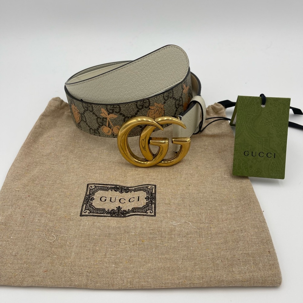 Gucci GG Marmont Supreme canvas with metallic cherry and strawberry print belt